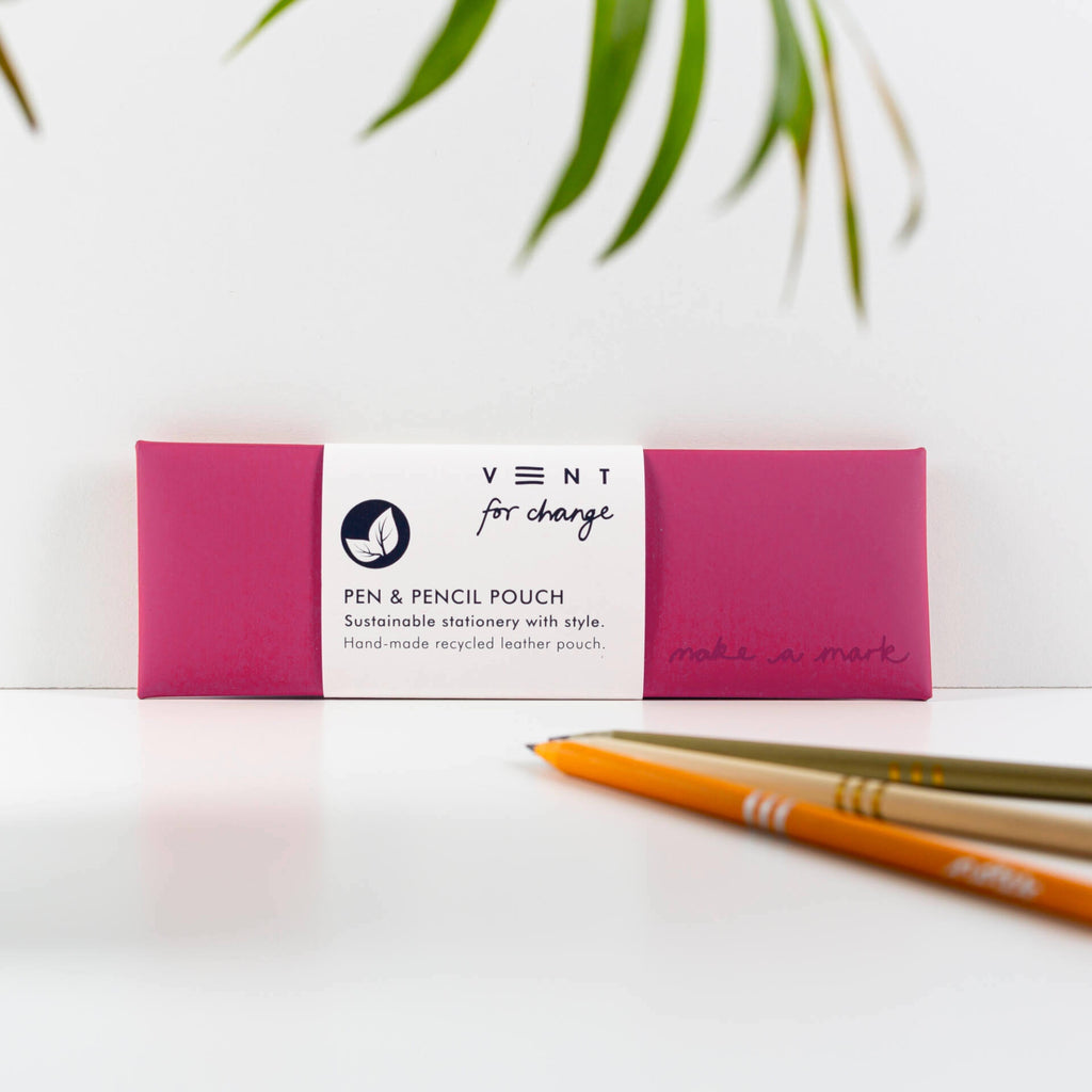 Pink Recycled Leather Pen and Pencil Pouch