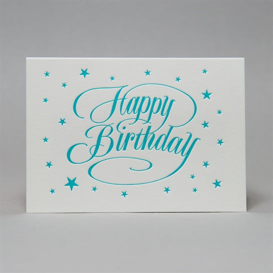 Happy Birthday Script Card Blue Text Blue Stars