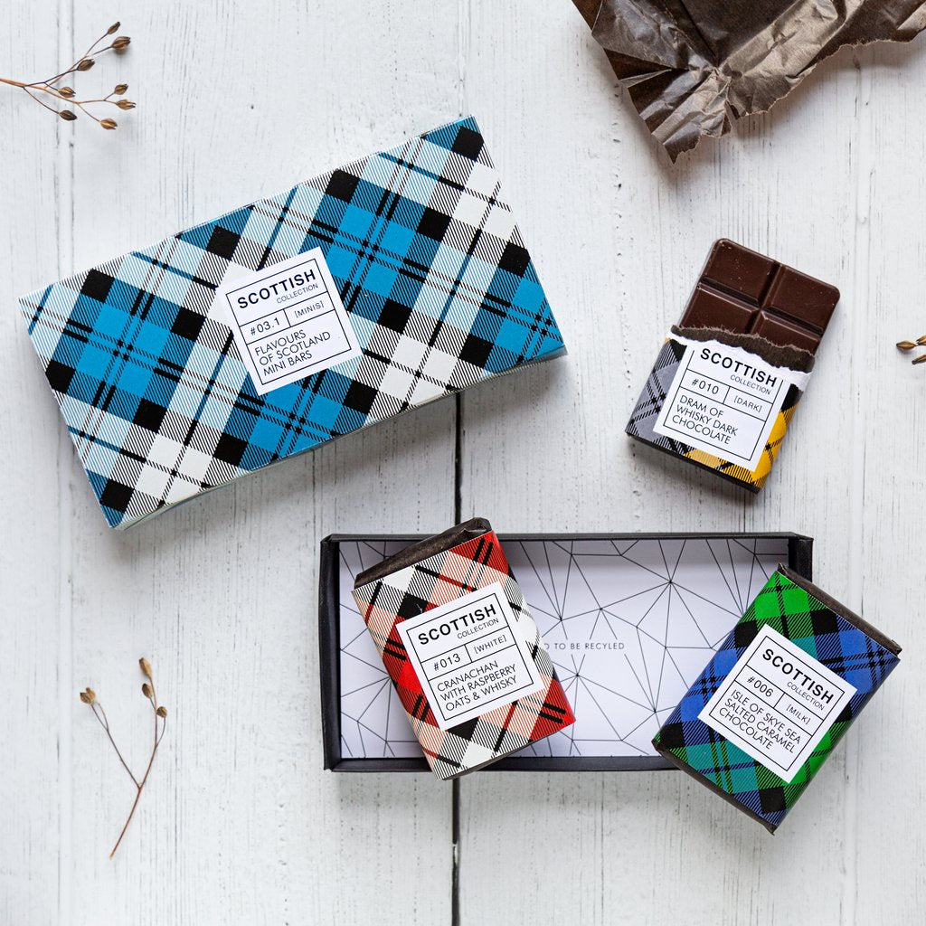 Gift Set of 3 Tartan Mini Bar Chocolates - Caramel, Whisky and Cranachan