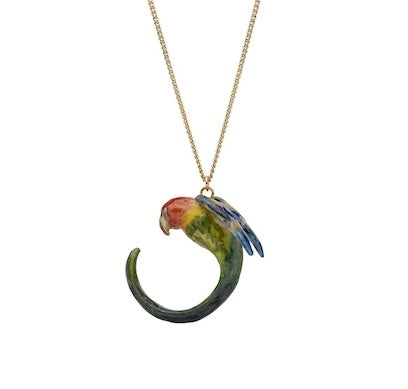 Gold Plated Necklace with Hand Painted Porcelain Bright Loop Tail Parrot Charm