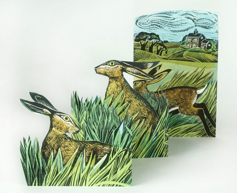 Hares and Open Fields 3D Card by Angela Harding