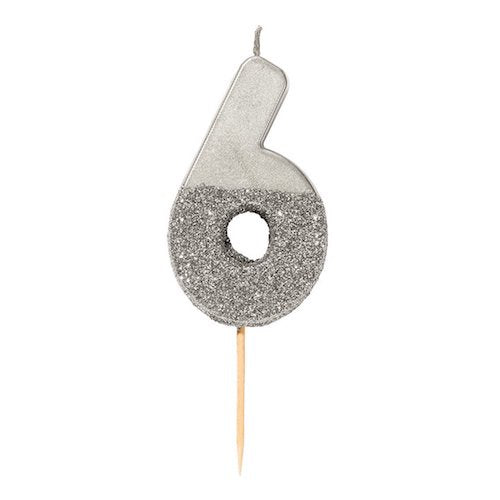 Glitter Birthday Candle Silver Number 6