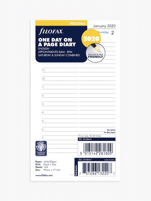Filofax 2020 One Day On A Page Personal Refill