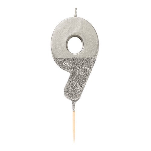 Glitter Birthday Candle Silver Number 9