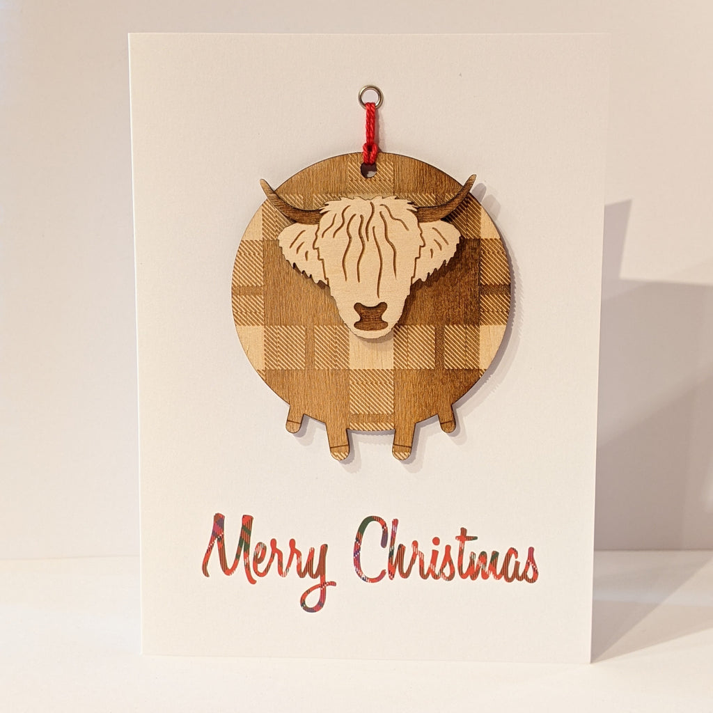 Highland Cow Light Tartan Bauble Christmas Card