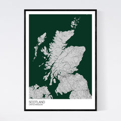Scotland A3 Grey, Green and Black Map Print in Tube