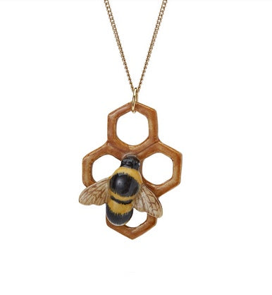 Gold Plated Necklace with Hand Painted Porcelain Bee on Honeycomb Charm