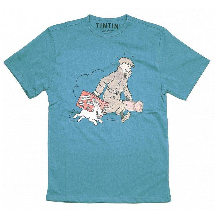 Tintin and Snowy with Luggage Kids T-Shirt Blue Paper Tiger
