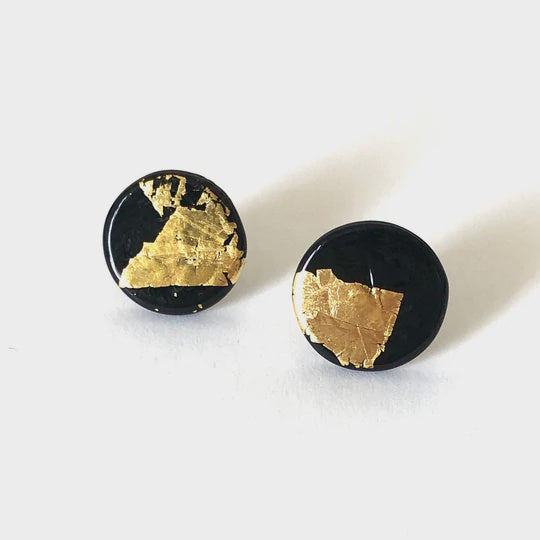 Gold Black Glass Button Earrings