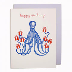 Happy Birthday Blue Octopus Holding Gifts Card