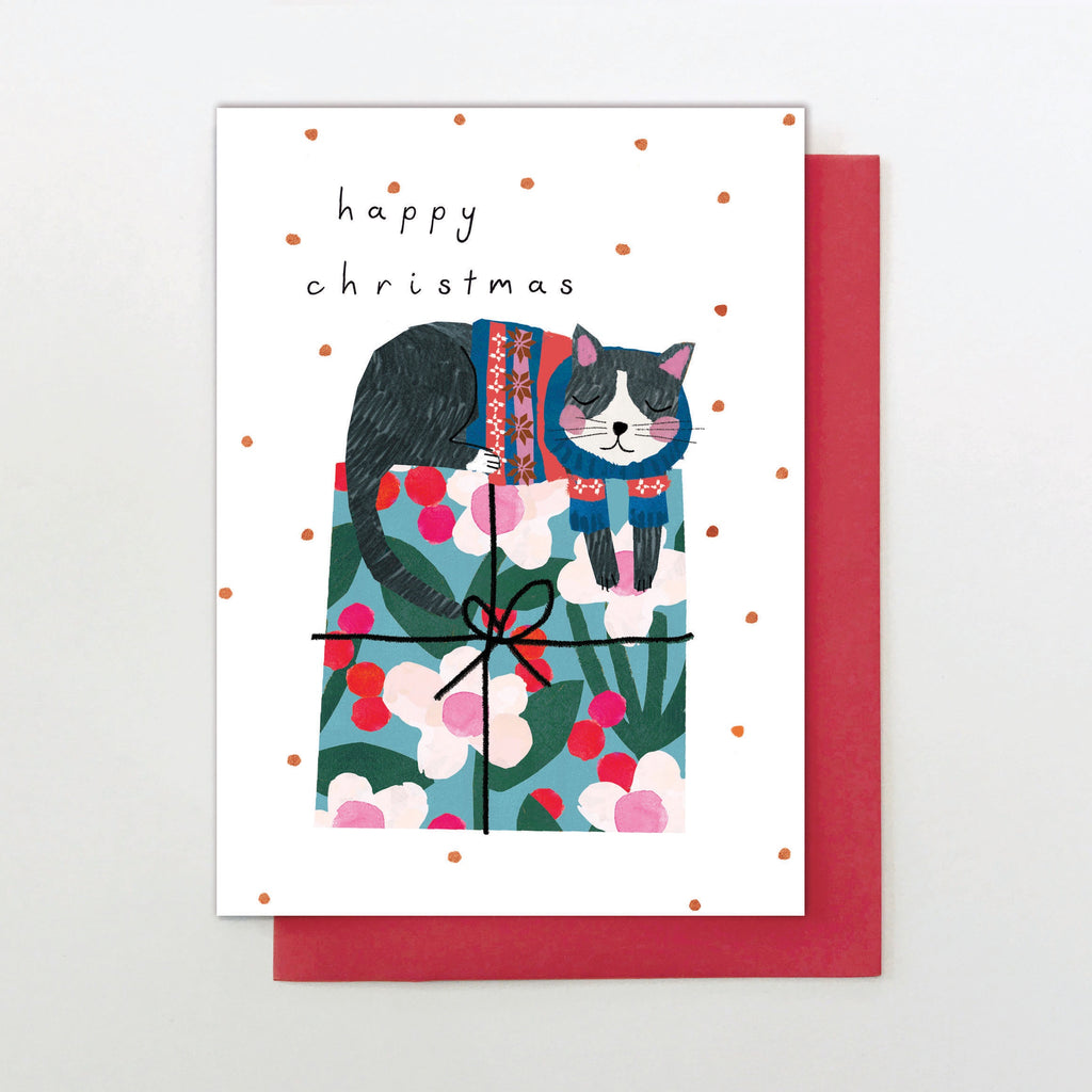 Happy Christmas Cat On Present Card