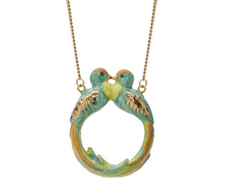 Silver Plated Necklace with Hand Painted Porcelain Jade Kissing Long Tail Birds Charm