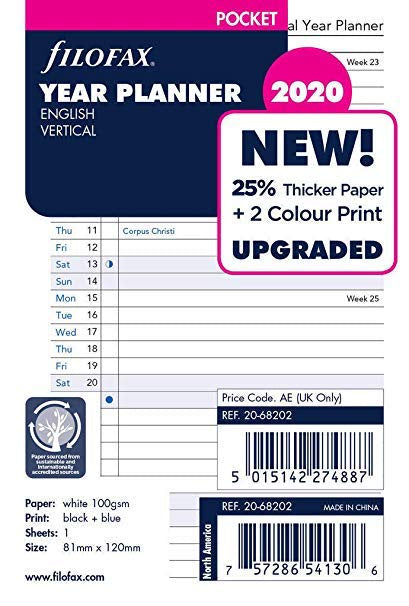 Filofax 2020 Year Planner Pocket Refill