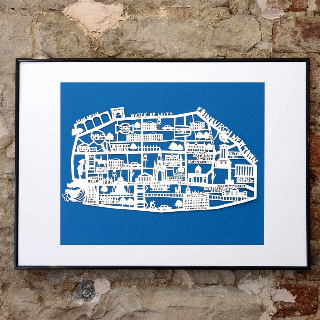 Lasercut A2 Edinburgh New Town Map - White on Blue