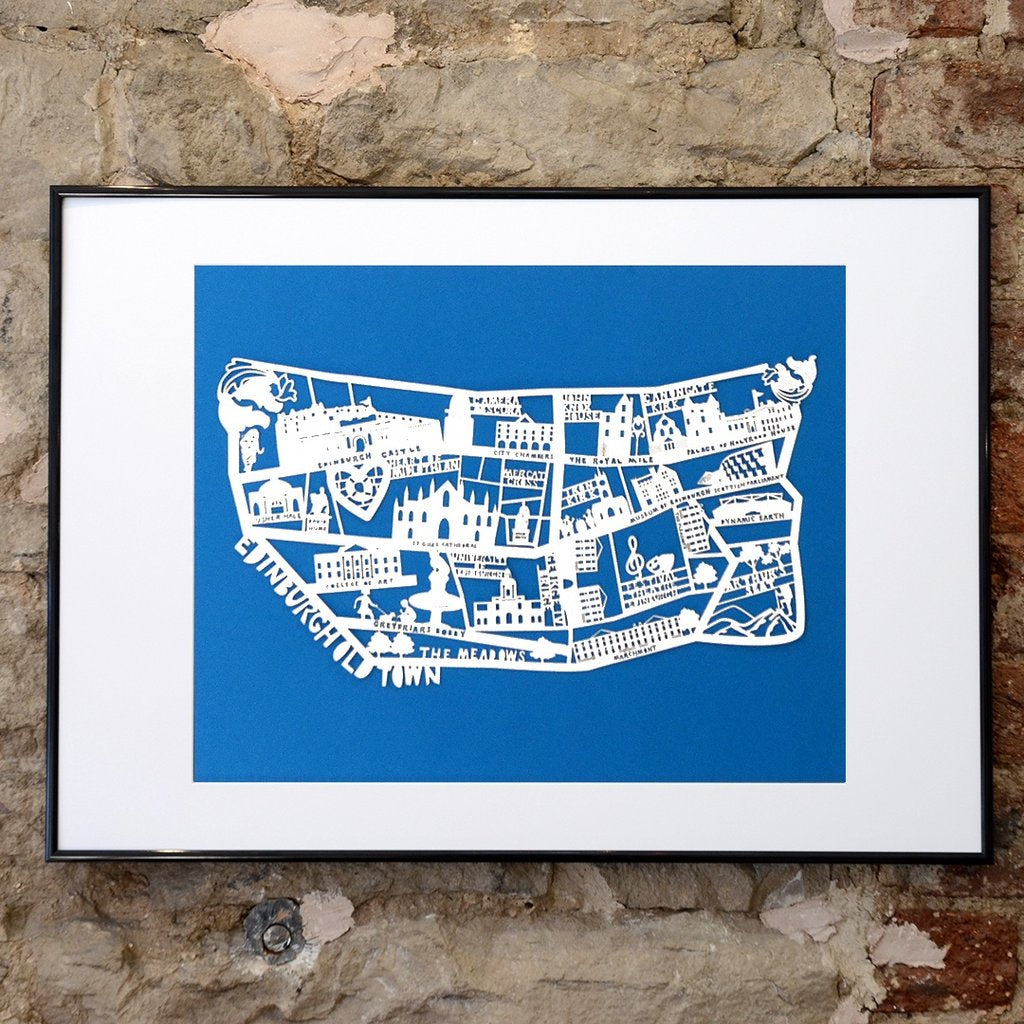 Lasercut A4 Edinburgh Old Town Map - White on Blue