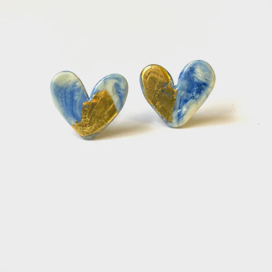 Delft Glass and Gold Heart Stud Earrings
