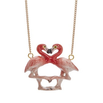 Silver Plated Necklace with Hand Painted Porcelain Kissing Flamingo Charm