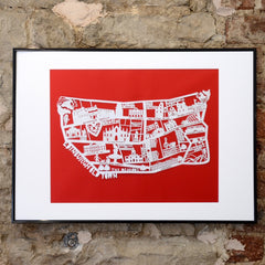 Lasercut A2 Edinburgh Old Town Map - White on Red