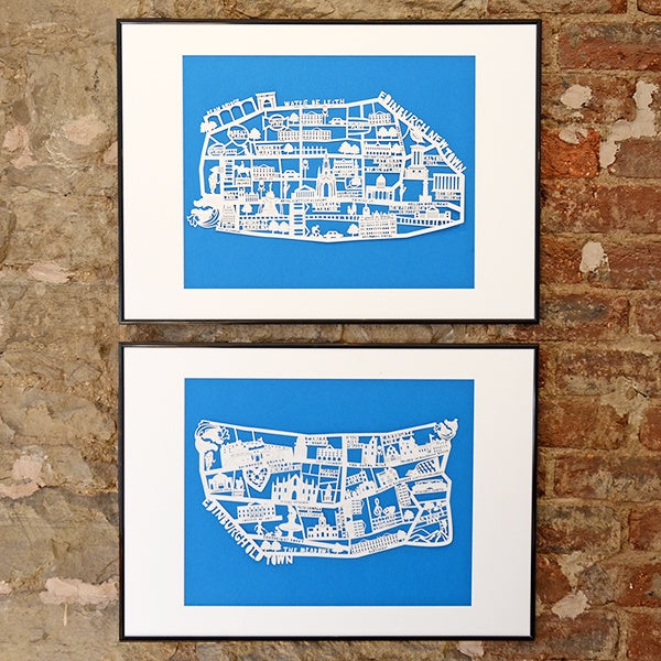 Edinburgh New Town and Old Town Maps - White on Blue