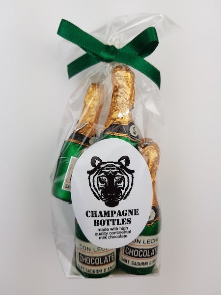Paper Tiger Milk Chocolate Champagne Bottles in a Ribboned Bag