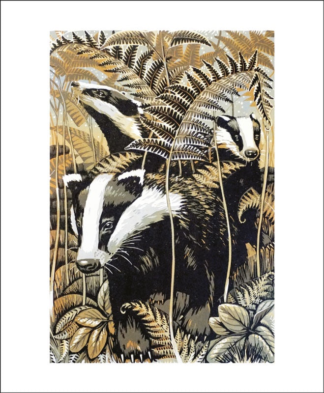 Badgers Linocut by Martin Truefitt Baker Card