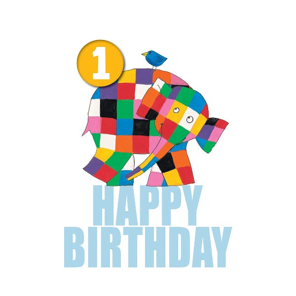 Elmer the Elephant Age 1 Birthday Card with Badge