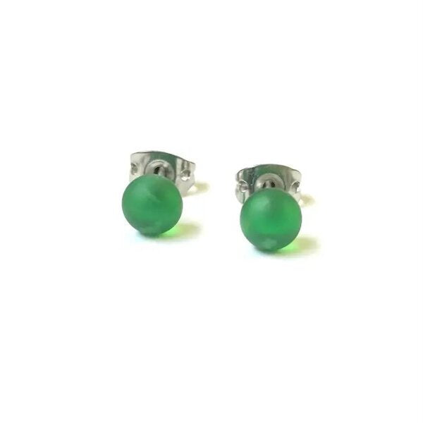 Frosted Emerald Glass Mini Stud Earrings