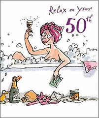 Relax on your 50th Quentin Blake Birthday Card Lady in the Bath