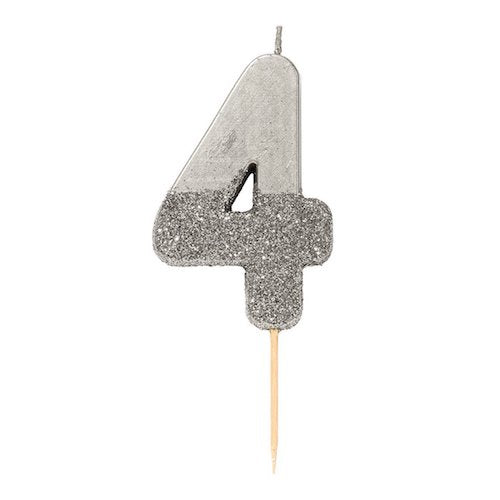 Glitter Birthday Candle Silver Number 4