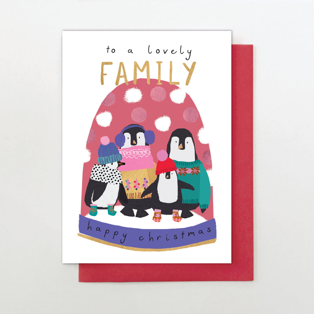 Happy Christmas to a Lovely Family Penguin Snowglobe Card