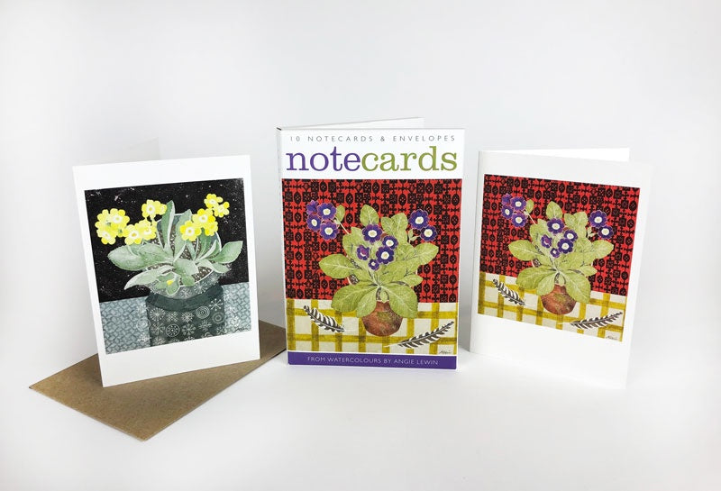 Auricula with Japanese Paper & Totem with Auricula Lithographs By Angie Lewin Pack of 10 Notecards