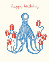 Happy Birthday Blue Octopus Holding Gifts Card