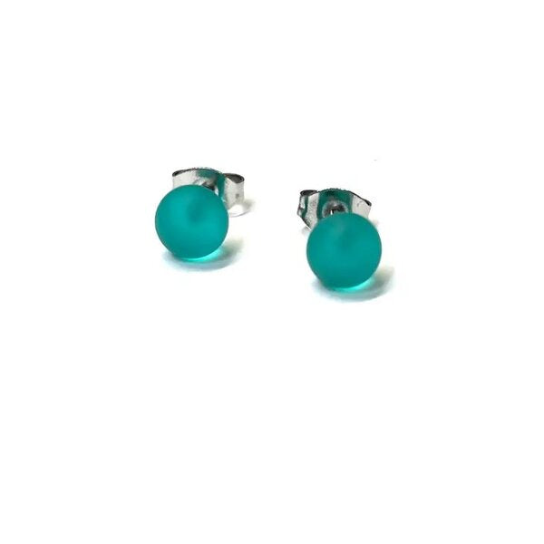 Frosted Sea Green Glass Mini Stud Earrings