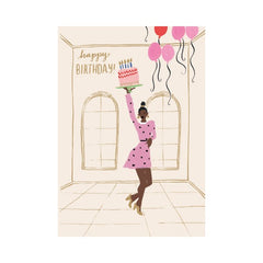 Girl with Cake Happy Birthday Card