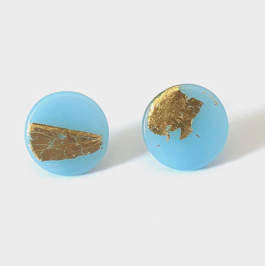 Gold Ice Blue Glass Button Earrings