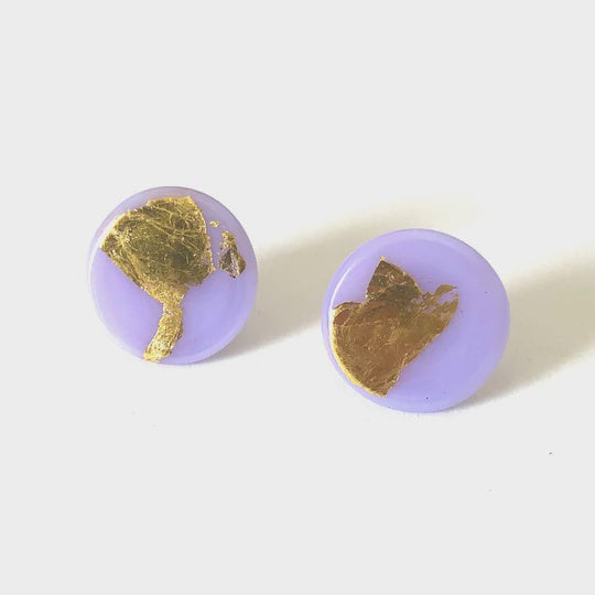 Gold Lilac Glass Button Earrings