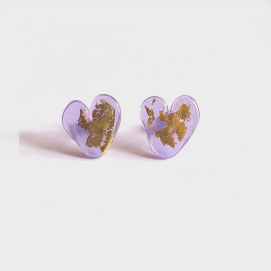 Lilac Gold Glass Heart Stud Earrings