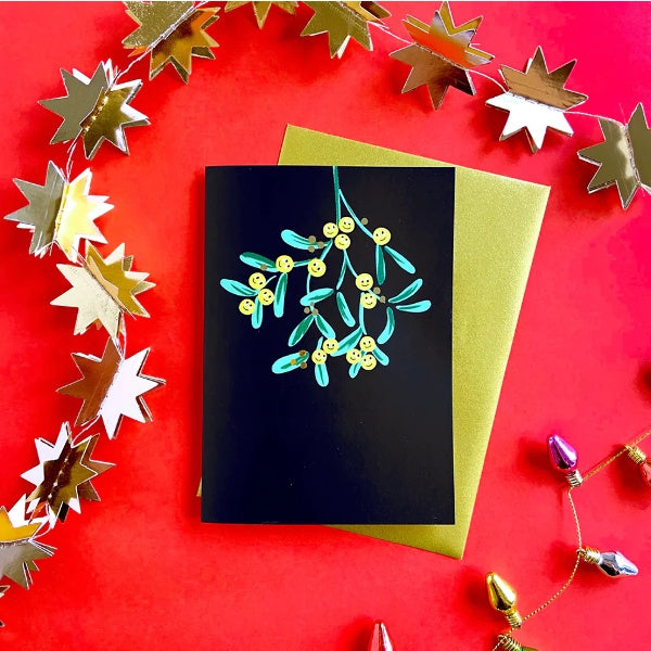 Smiley Faces Mistletoe Gold Foiled Card