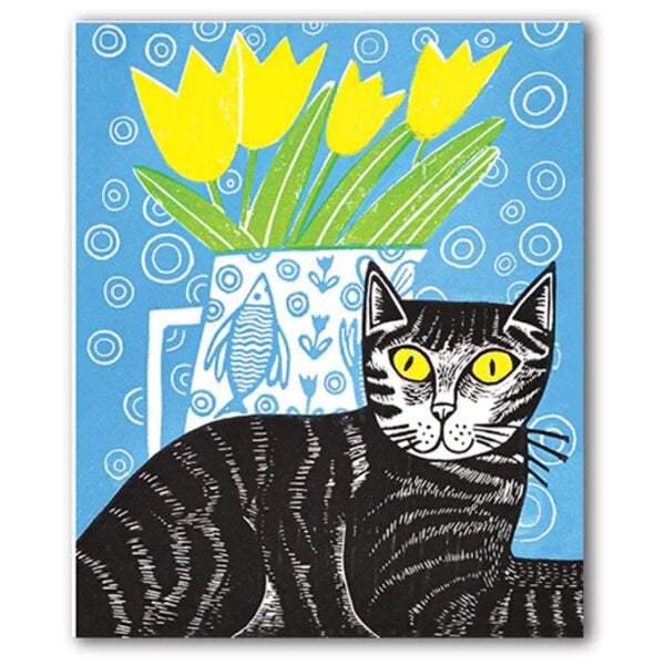 Cat and Flowers Linocut Card