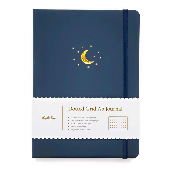 Midnight Blue Moon & Stars A5 Dot Grid Journal