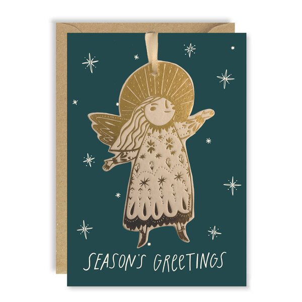 Seasons Greetings Gold Guardian Angel Ornament Card