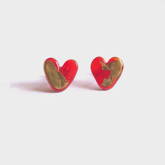 Ruby and Gold Glass Heart Stud Earrings