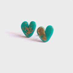 Teal and Gold Heart Stud Earrings