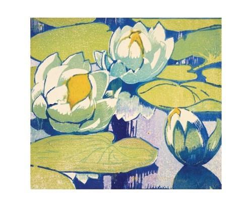 Blue and Green Water Lillies Woodcut Card