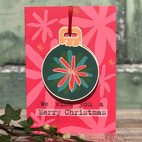 We Wish You a Merry Christmas Red Flower Bauble Christmas Card