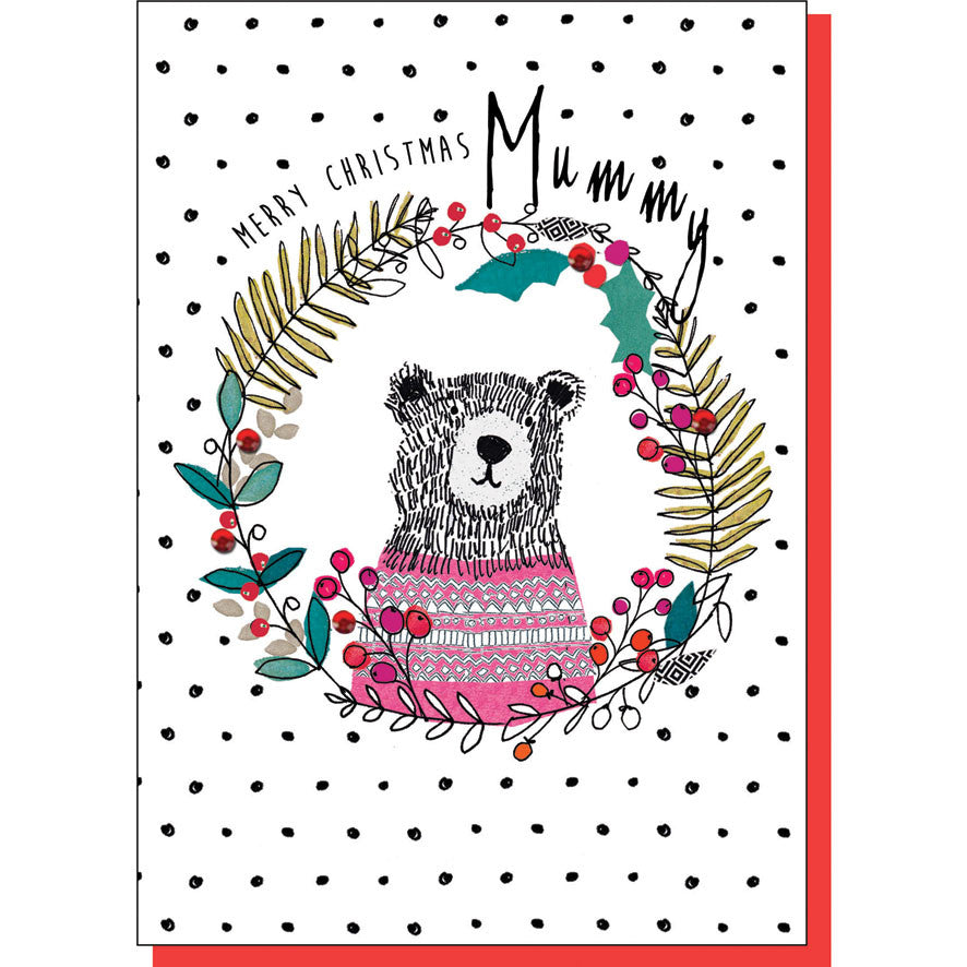 Mummy Bear in Wreath Christmas Card