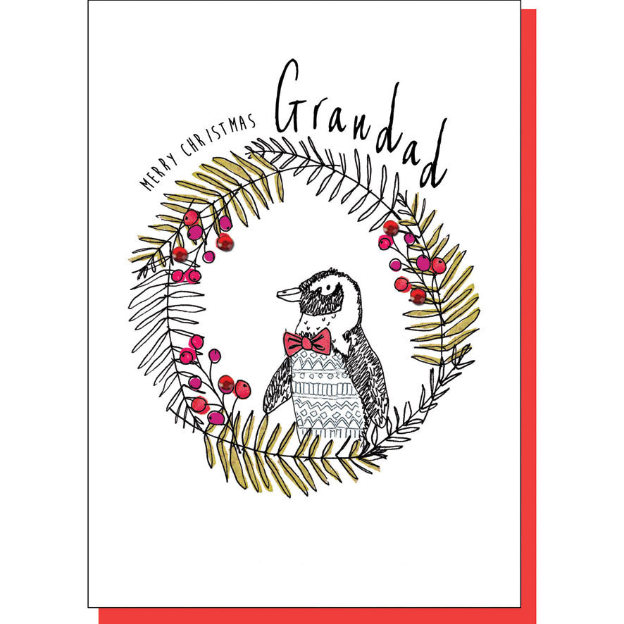 Grandad Penguin in Wreath Christmas Card