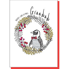 Grandad Penguin in Wreath Christmas Card